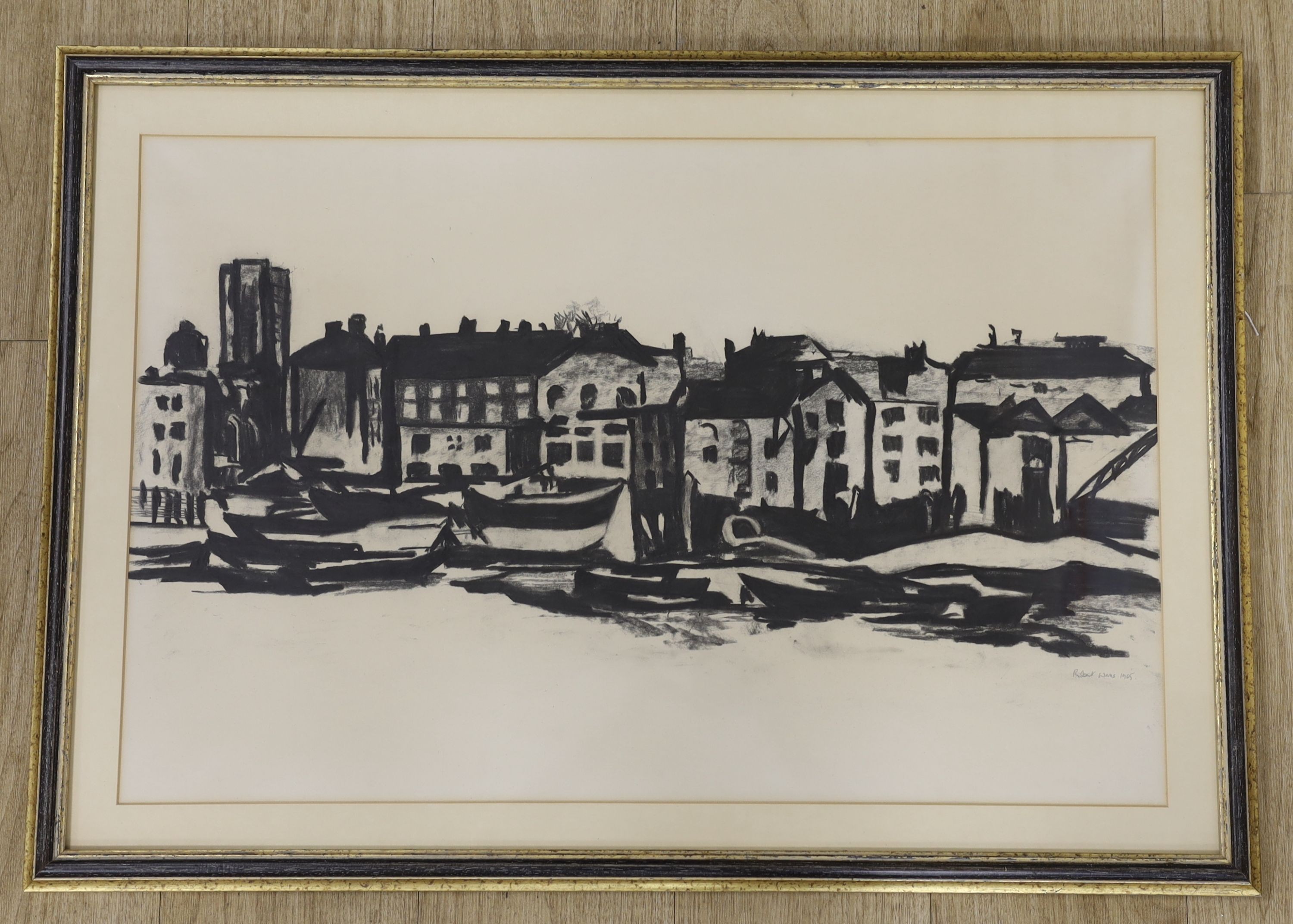 Robert Walls (20th C.), charcoal on paper, Waterside houses, signed and dated 1965, 47 x 73cm